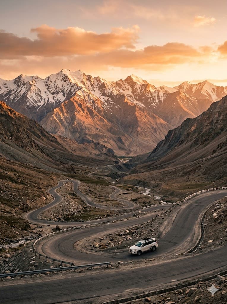 Cinematic Himalayan mountain pass at golden hour